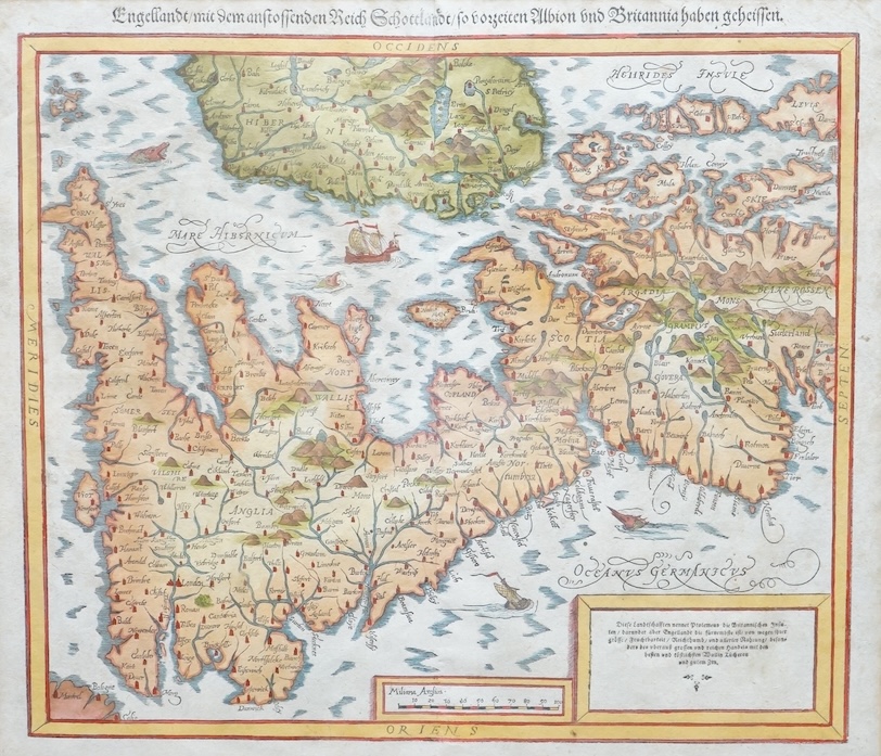 After Sebastian Munster (1489-1552), hand coloured engraved map of England, 33 x 37cm